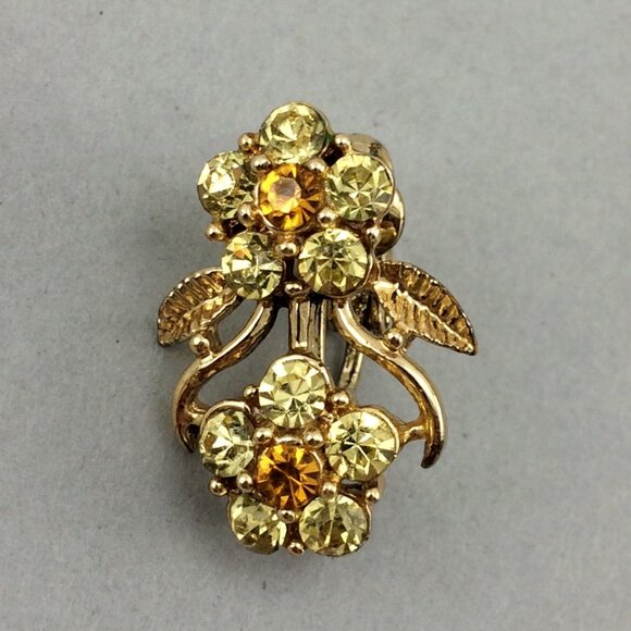 Vintage Coro Yellow Orange Gold Flower Clip On Earrings Cocktail Sparklers Leaf - Picture 4 of 16